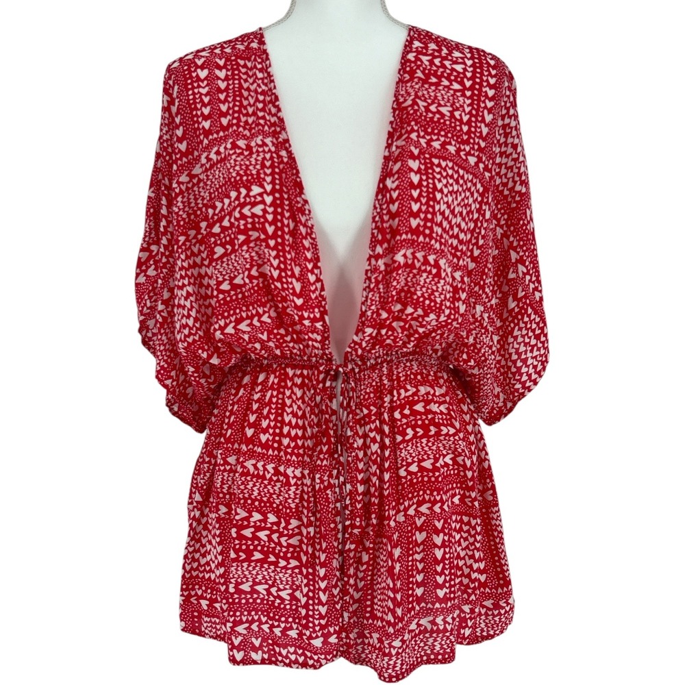 Victoria Secret Red Heart Print Kimono Robe Sheer Tie Front Valentine Lounge OS